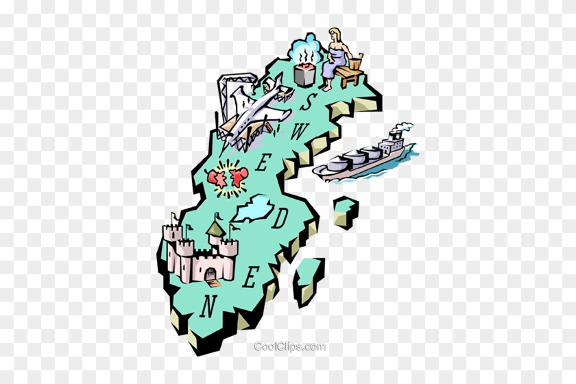 Cartoon map of Sweden with landmarks like castles, ships, and a sauna, labeled with compass directions and "SWEDEN".