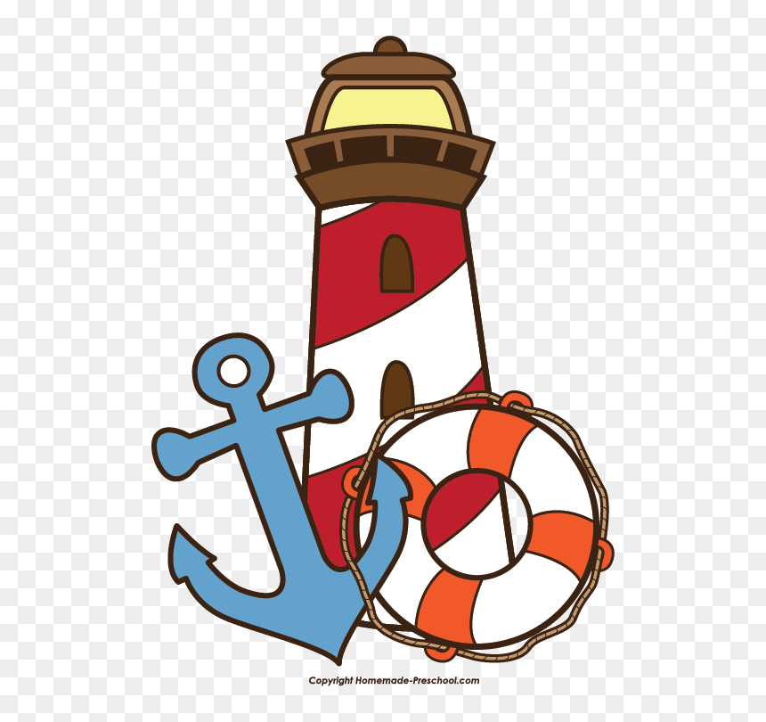 Red-and-white striped lighthouse with blue anchor and orange-white lifebuoy on transparent background.