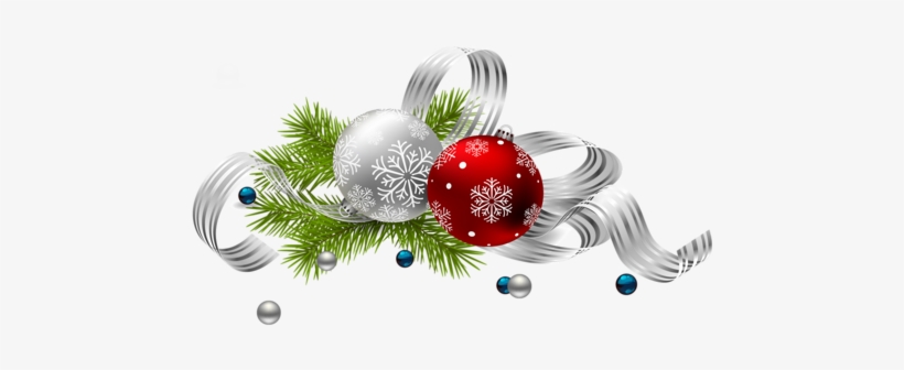 Festive Christmas ornaments-red and silver snowflake baubles, pine sprigs, and silver ribbons-arranged in a decorative holiday cluster.