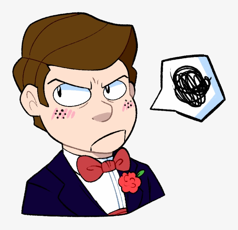 Angry cartoon man in tuxedo with red bowtie and rose, glaring at a scribbled paper.