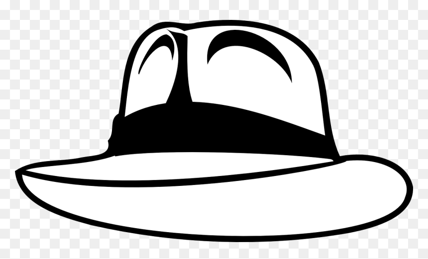 Black-and-white line drawing of a classic fedora hat with wide brim and indented crown.