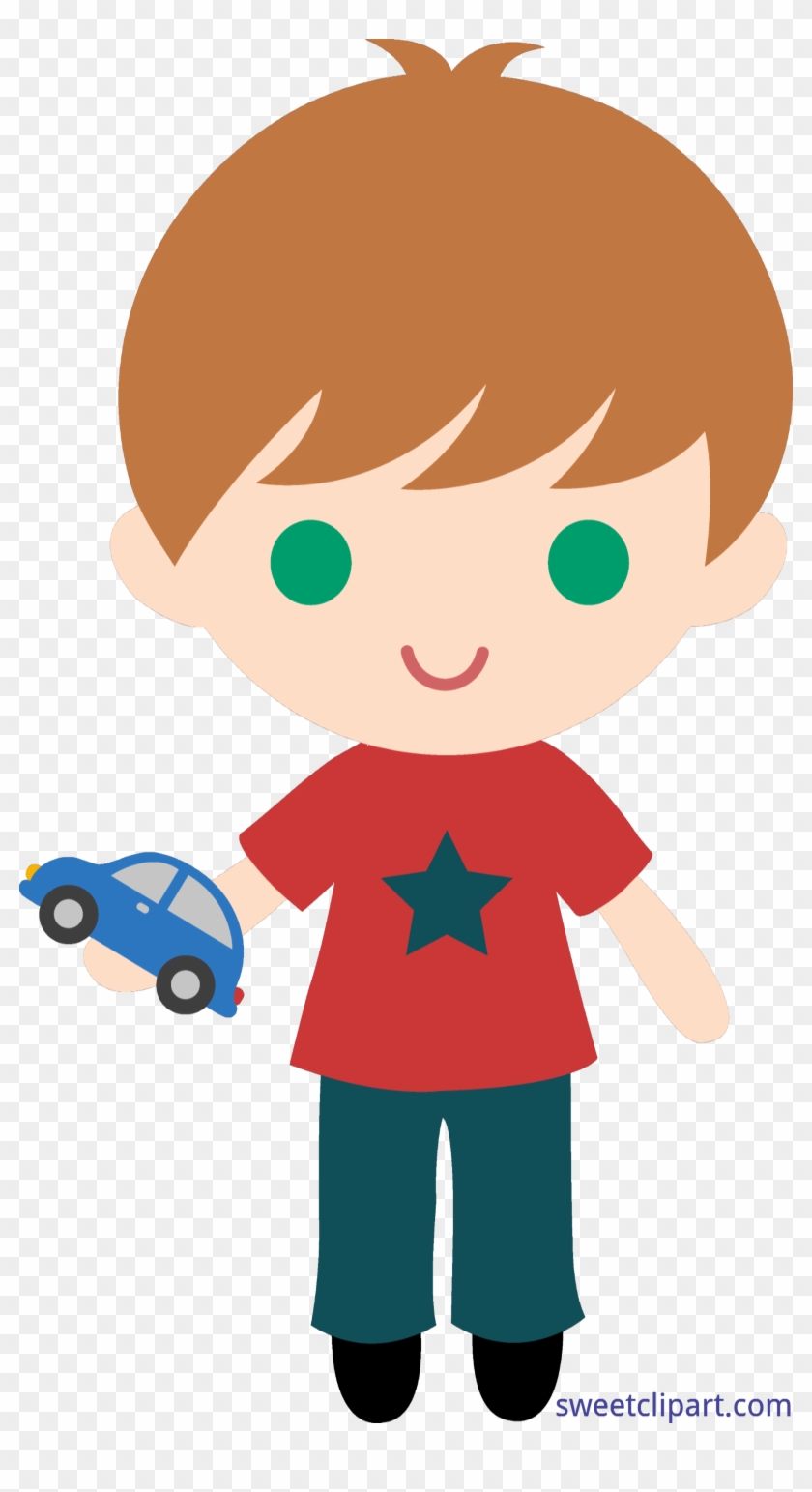 Smiling cartoon boy with brown hair, green eyes, red star shirt, holding a blue toy car.