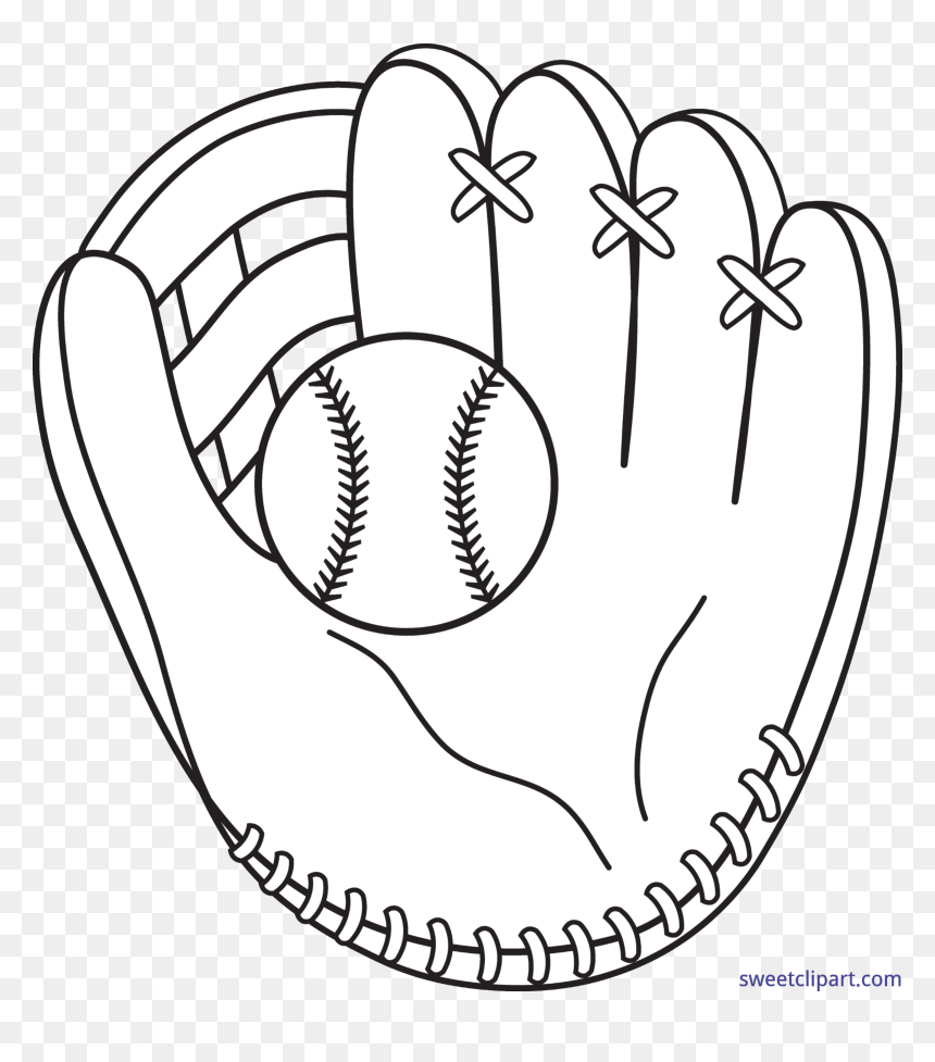 Black-and-white line drawing of a baseball glove holding a baseball, with detailed stitching and lacing.