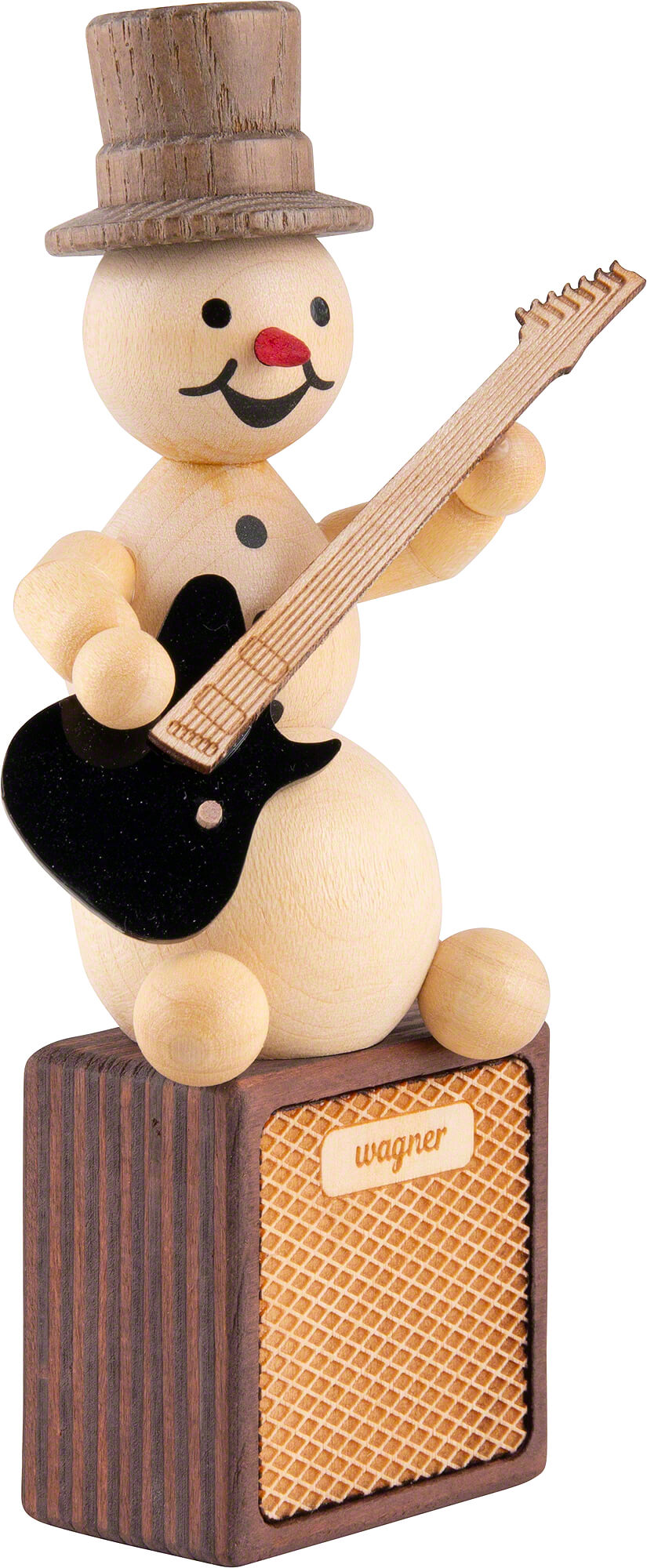 Wooden snowman figurine wearing top hat, playing black electric guitar while seated on a Wagner-branded amplifier.
