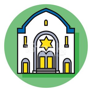 Stylized illustration of a synagogue with Star of David above arched entrance, set in green circle.