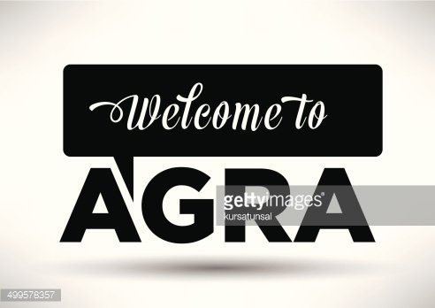 Welcome to Agra sign in black and white with elegant script and bold typography.