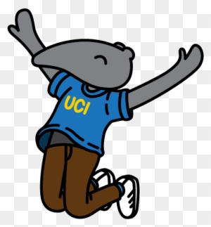 A joyful cartoon seal wearing a blue UCI t-shirt, brown pants, and white sneakers, leaping with arms raised in celebration.