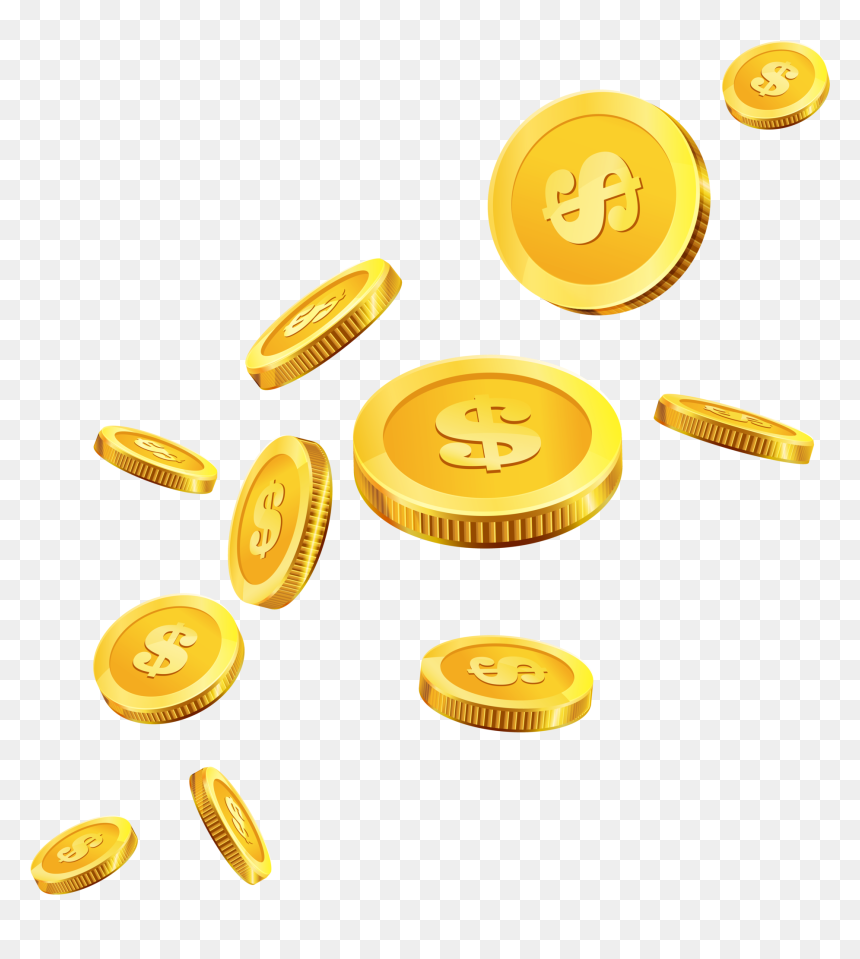 Golden dollar coins scattering in mid-air with reflective surfaces and detailed engravings.