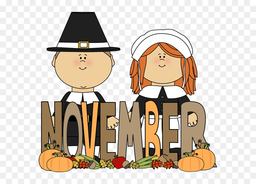 Cartoon Pilgrim boy and girl standing behind large "NOVEMBER" letters with pumpkins and harvest vegetables.
