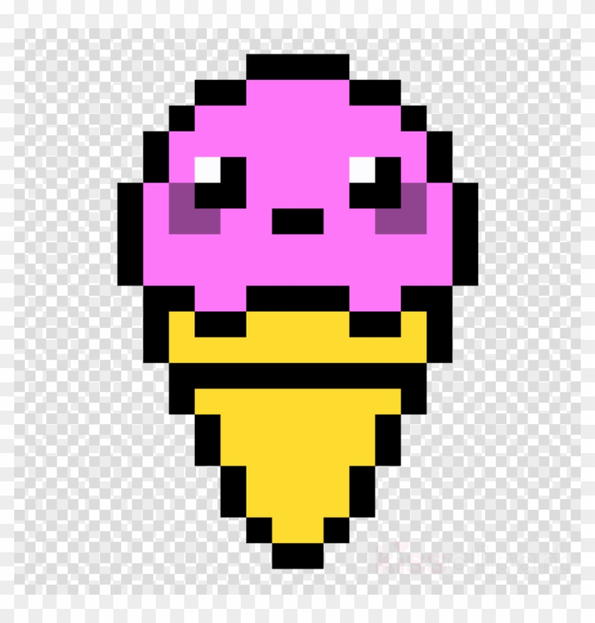Pixel art ice cream cone with pink scoop and yellow waffle cone, cute kawaii style.
