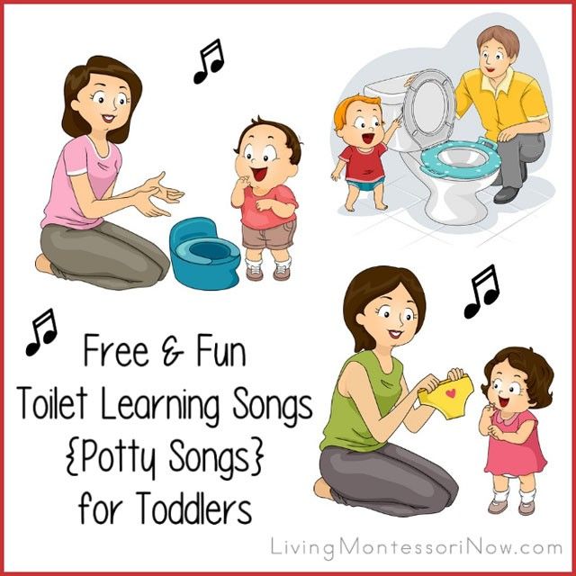 Illustration showing parents and toddlers engaging in potty training with songs, including using a potty seat, toilet, and reading a book.