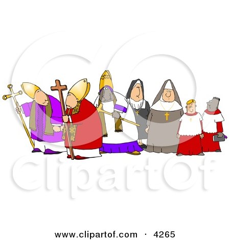 Cartoon illustration of diverse Christian clergy including bishops, nuns, priests, and laypeople in traditional vestments.