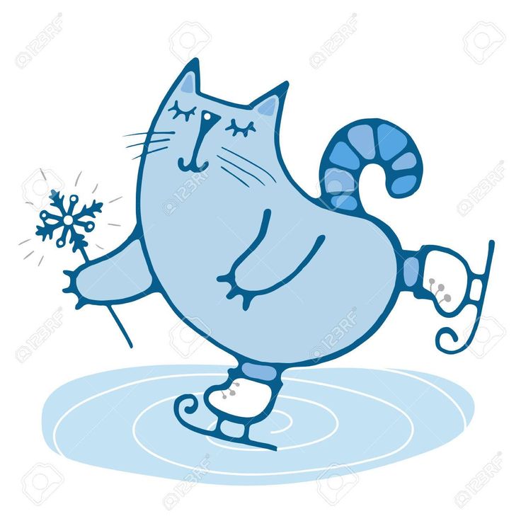 A cheerful blue cartoon cat ice skating while holding a snowflake, with expressive eyes and a curled tail.
