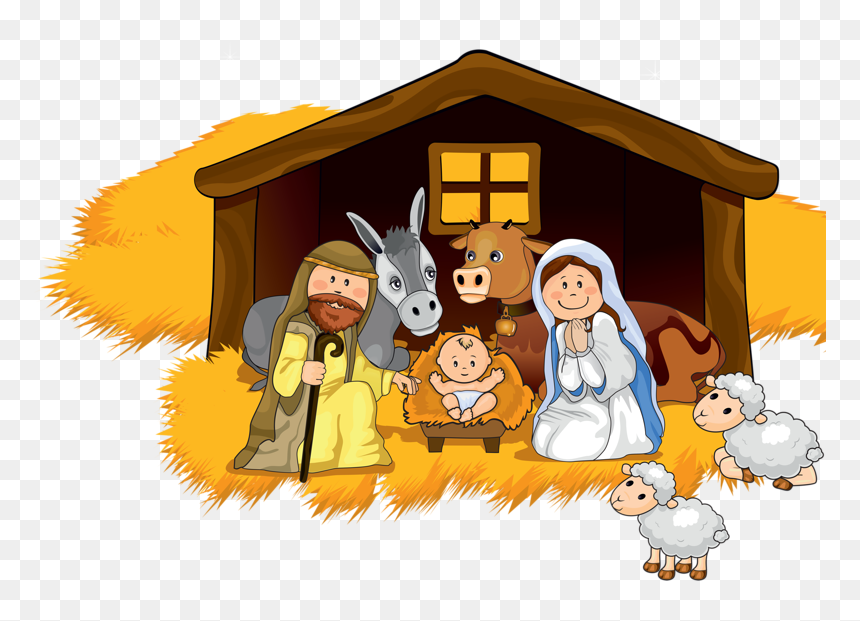 Nativity scene with Mary, Joseph, baby Jesus in manger, donkey, cow, sheep, and hay in a wooden stable.
