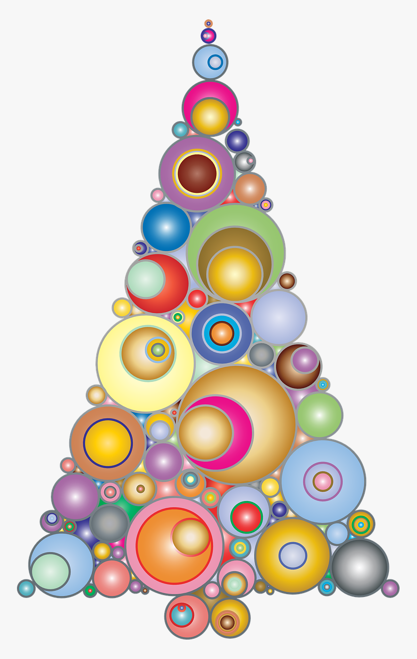 A colorful abstract Christmas tree made of overlapping concentric circles in vibrant hues, forming a festive triangular shape.