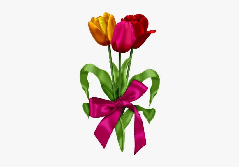 A bouquet of three colorful tulips-yellow, pink, and red-tied with a magenta satin ribbon and green leaves.