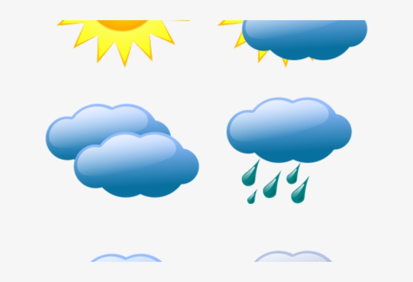 Weather icon set showing sun, partly cloudy, overcast, and rain conditions.