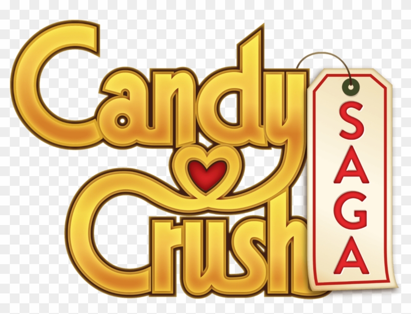 Candy Crush Saga logo with golden stylized text, red heart, and tag featuring "SAGA" in red letters.