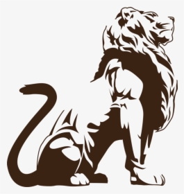 Stylized brown-and-white silhouette of a majestic seated lion with detailed mane and muscular form.