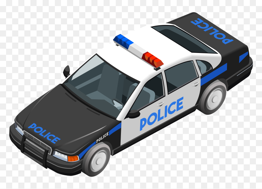Isometric illustration of a black-and-white police car with blue "POLICE" lettering and red-blue roof lights.