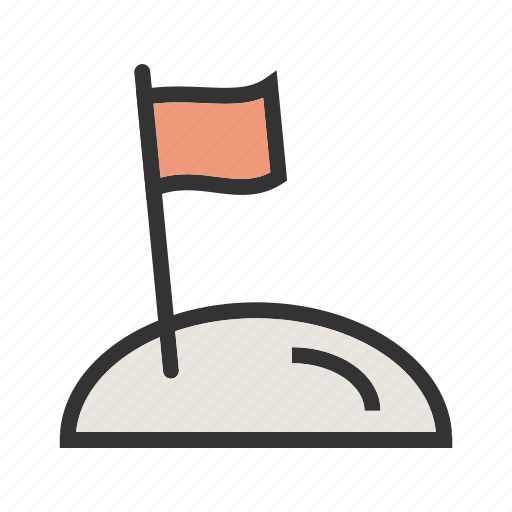 Orange flag on a white hill against a black diagonal striped background, symbolizing achievement or goal completion.