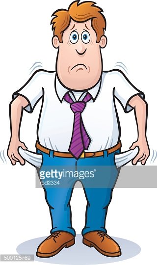 Worried cartoon man in shirt and tie showing empty pockets, symbolizing financial hardship or unemployment.