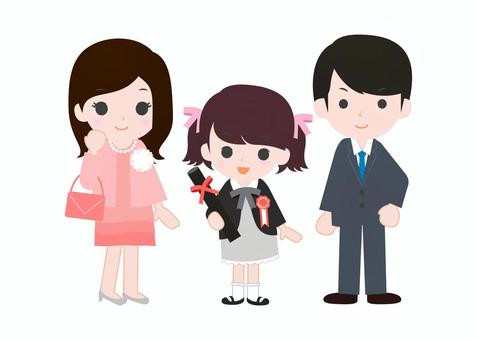 A cartoon illustration of a mother, father, and young girl in graduation attire holding a diploma and medal.