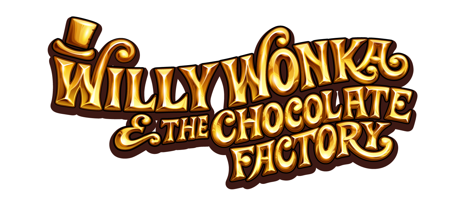 Golden ornate logo for "Willy Wonka & The Chocolate Factory" with top hat accent.