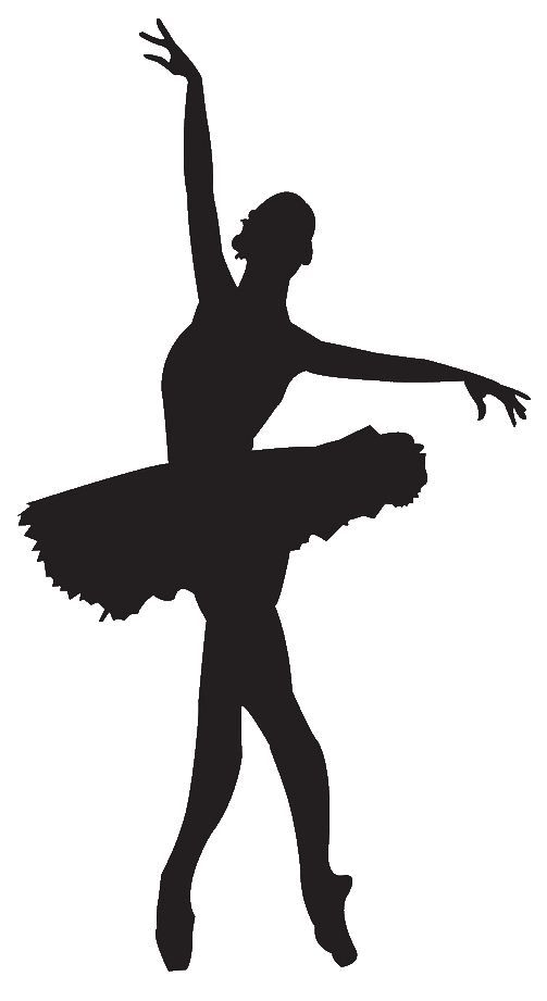 Silhouette of a ballerina in arabesque pose with raised arm and tutu, en pointe on one foot.