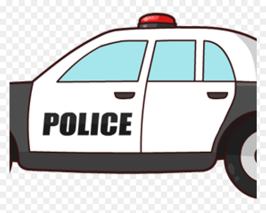 Cartoon-style white police car with red siren, black trim, and bold "POLICE" text on the door.