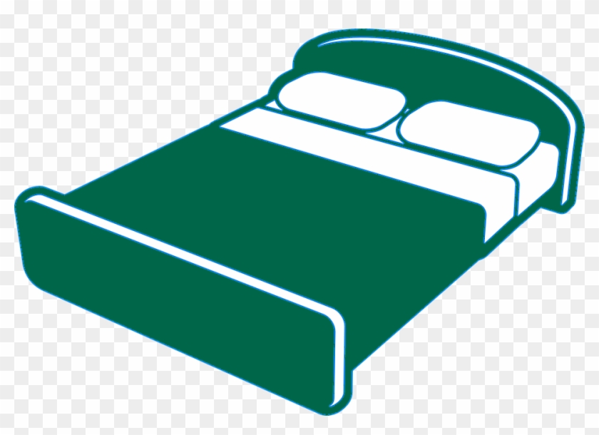 Green stylized bed icon with white pillows and sheets on transparent background.