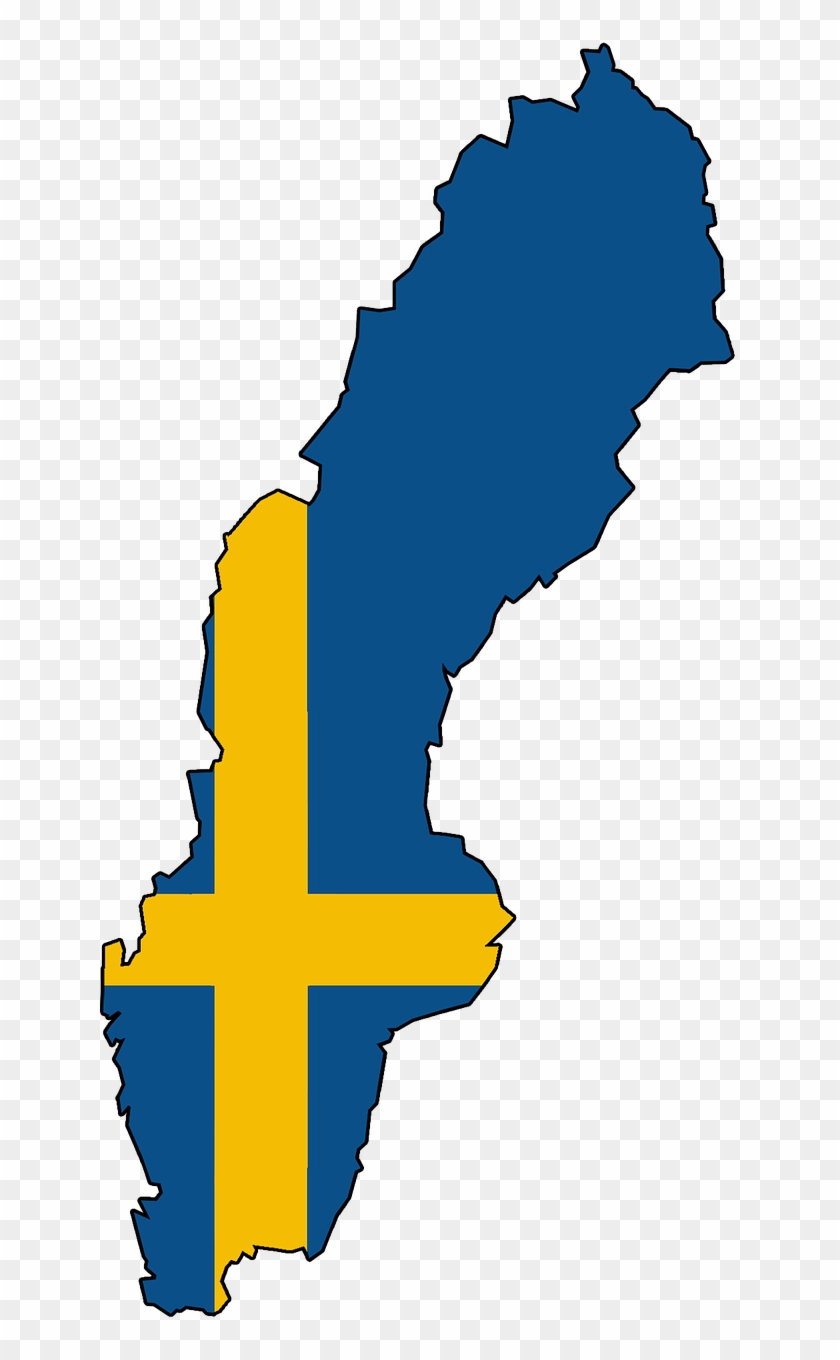 Map of Sweden filled with the Swedish flag design-blue background and yellow Nordic cross.