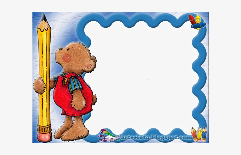 A cute cartoon bear in a red apron holds a giant yellow pencil beside a blue wavy border with crayons and pencils.