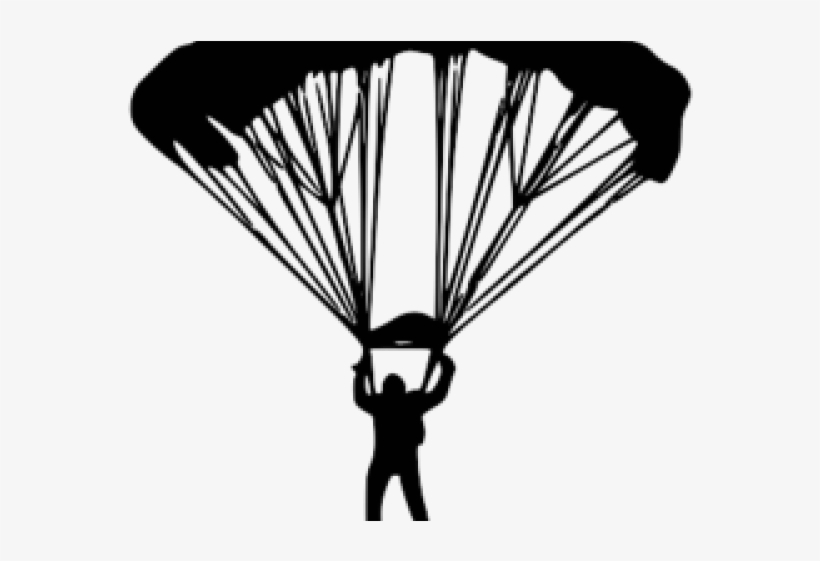 Silhouette of a skydiver under an open parachute, arms raised holding the risers against a white background.