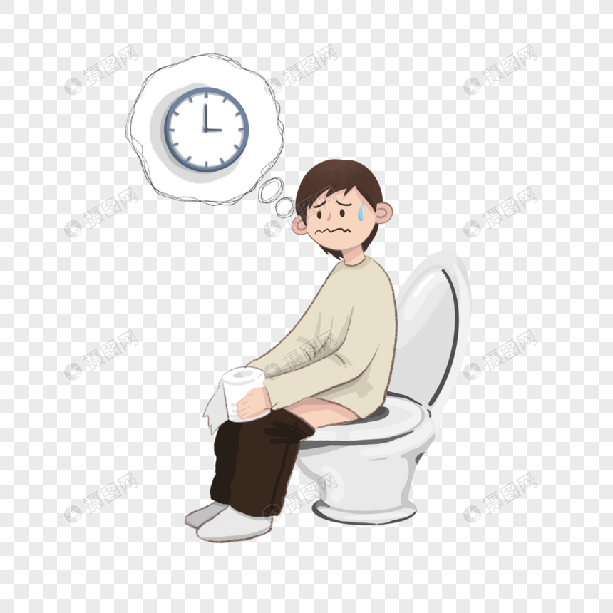 A distressed person sits on a toilet holding toilet paper, with a thought bubble showing a clock and sweat drop indicating urgency.