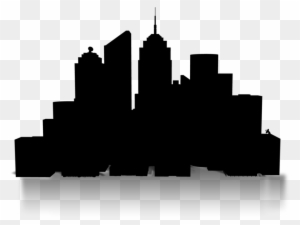 Black silhouette of a modern city skyline with skyscrapers and a pointed tower, on transparent background.