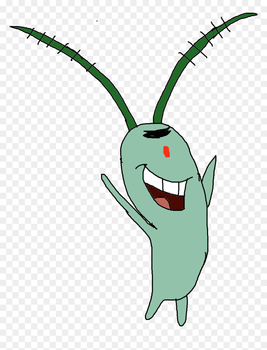 A cheerful green cartoon plankton with long antennae, wide grin, and red eye spot, waving happily.