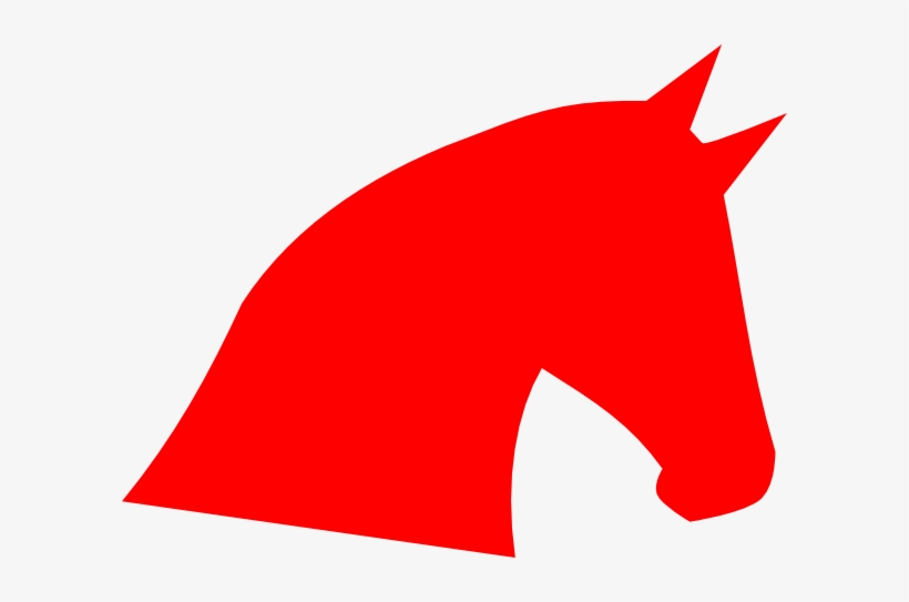 Bold red silhouette of a horse’s head in profile, minimalist vector-style graphic.