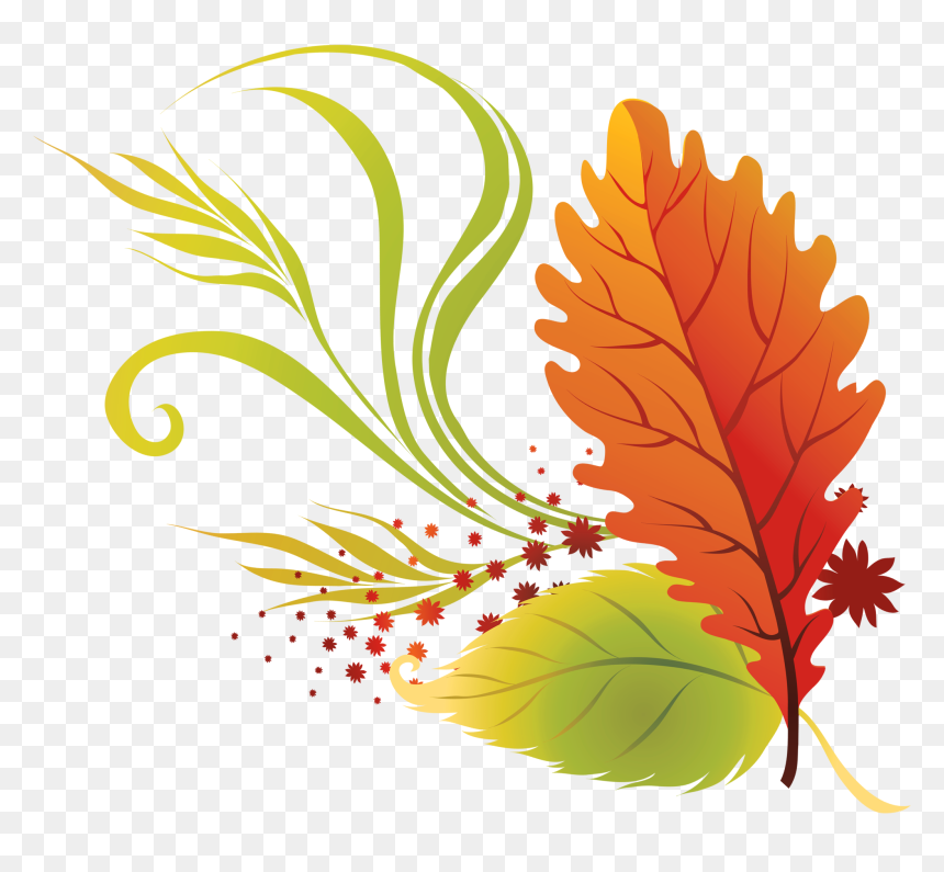 Vibrant autumn leaf illustration with swirling green vines, red berries, and gradient orange-to-red oak leaf on transparent background.