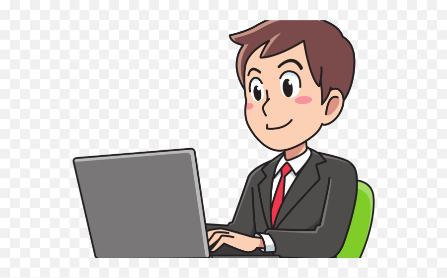Cartoon businessman in suit typing on laptop, smiling, seated on green chair against transparent background.