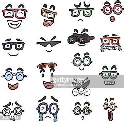 Collection of 16 hand-drawn cartoon faces with various glasses and expressive emotions, including happy, surprised, sad, and nerdy styles.