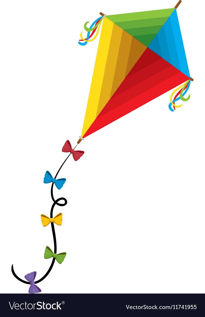Colorful diamond-shaped kite with rainbow panels and bow-adorned tail flying against white background.
