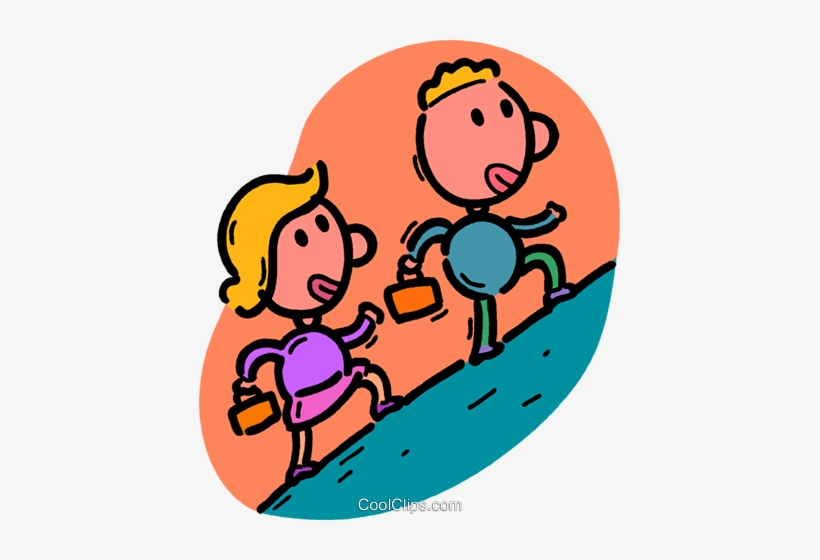 Two cartoon people running uphill with briefcases, symbolizing career advancement or teamwork.