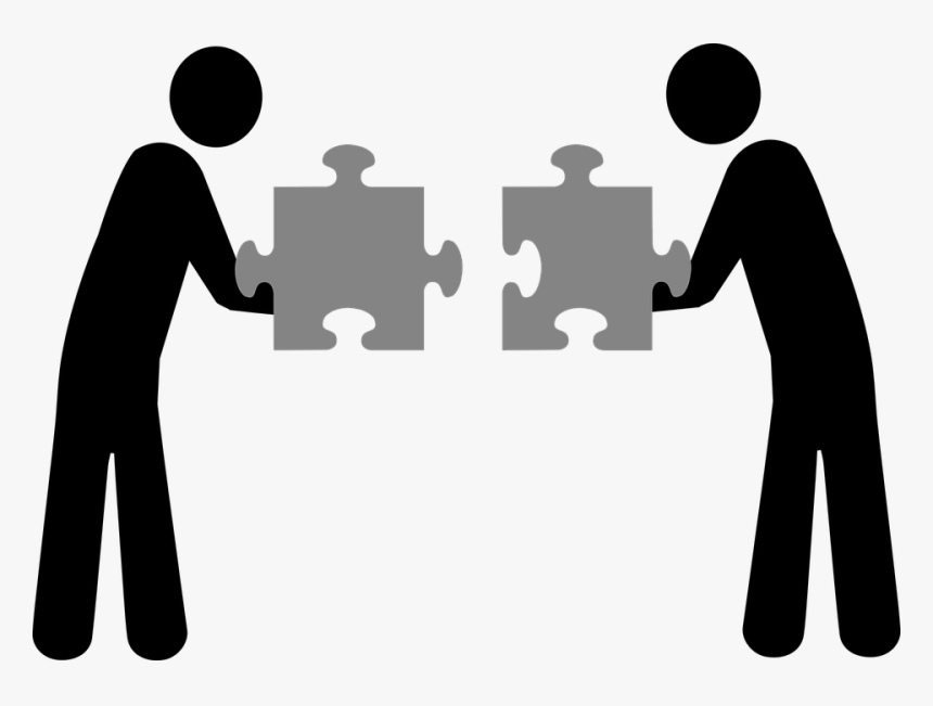 Two black stick figures holding interlocking puzzle pieces, symbolizing collaboration and problem-solving.