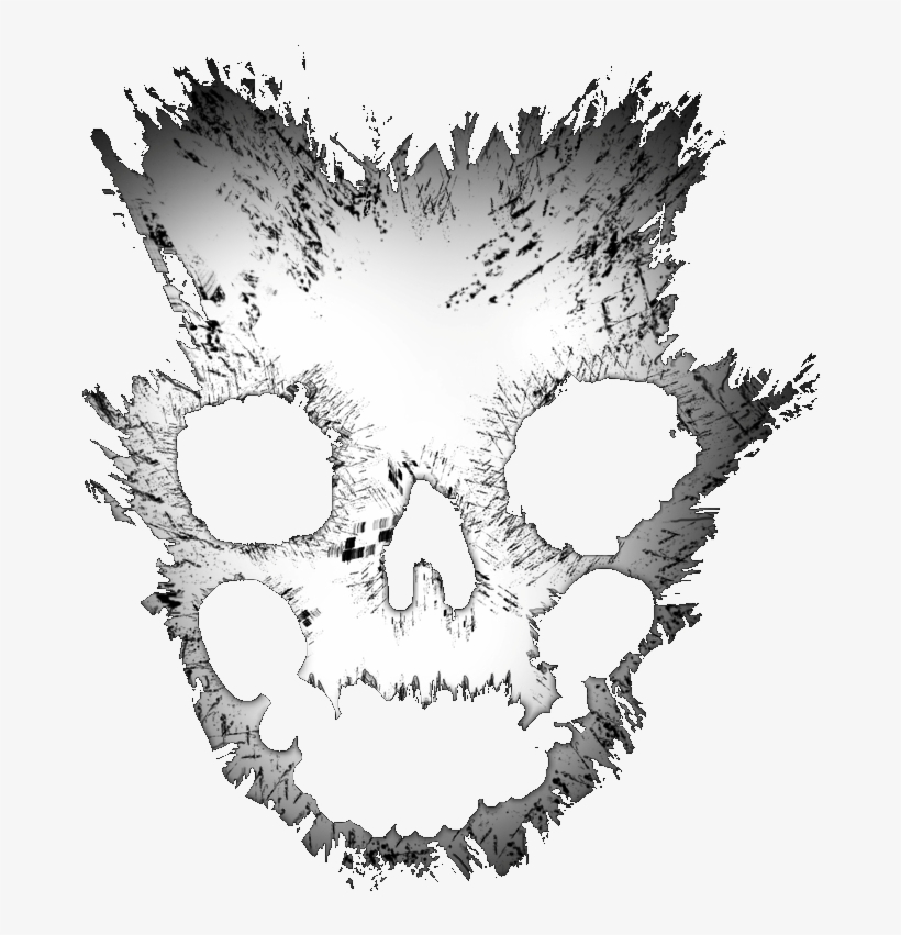 A stylized grayscale skull with fragmented, textured edges and a distressed, digital-art aesthetic.