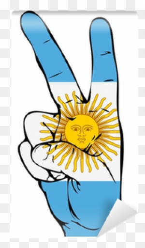 Hand making peace sign with Argentina flag colors and Sun of May symbol.