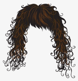 Stylized illustration of voluminous, curly brown hair with dark roots and warm highlights, forming an arch shape.