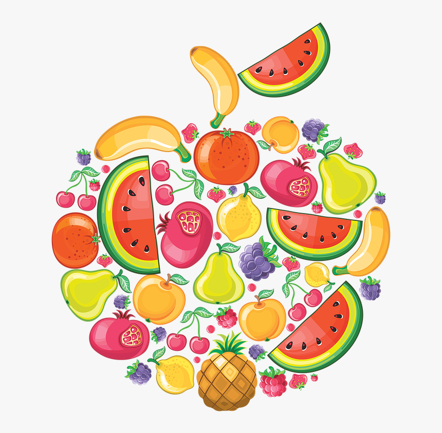 Colorful fruit collage arranged in an apple shape, featuring watermelon, banana, pomegranate, pear, cherry, grape, pineapple, and more.