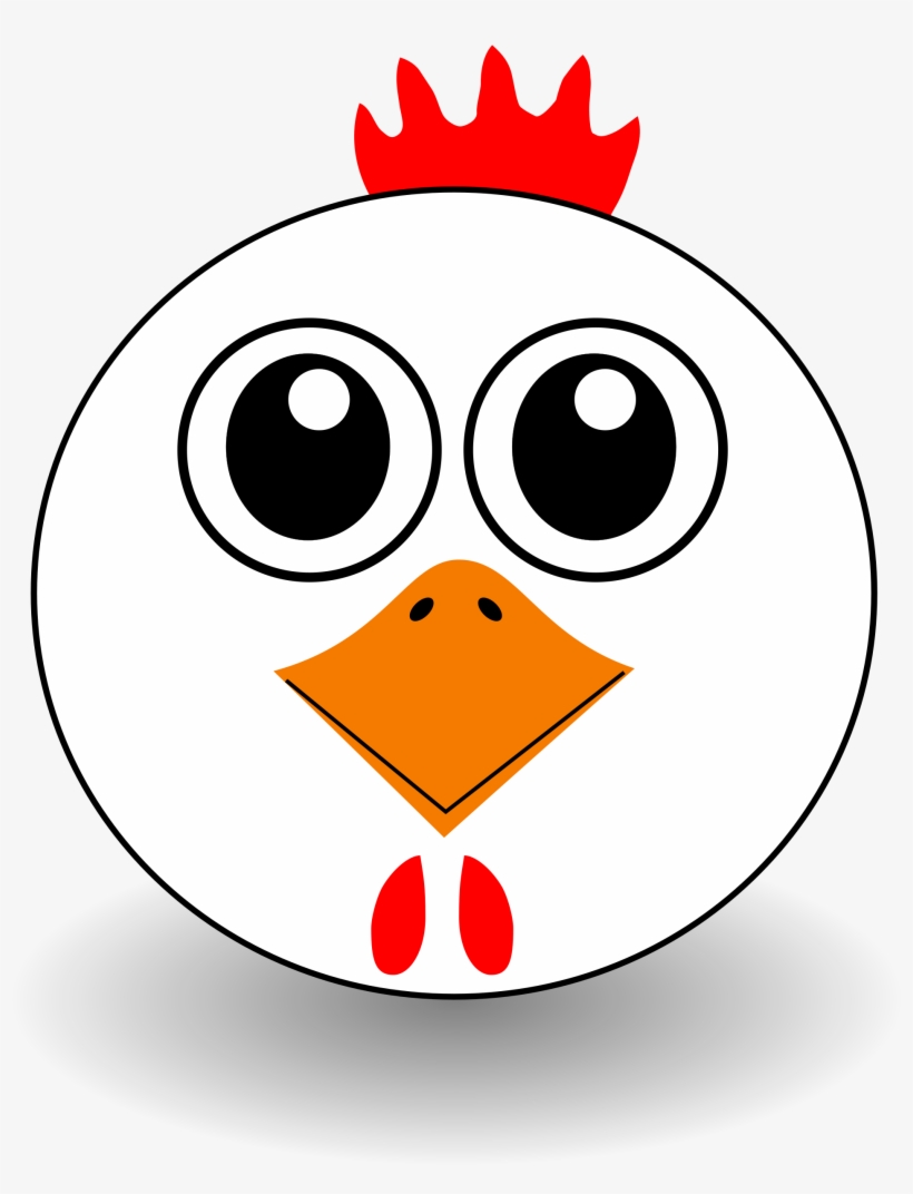 Cartoon chicken face with big eyes, orange beak, red comb, and wattle on white background.