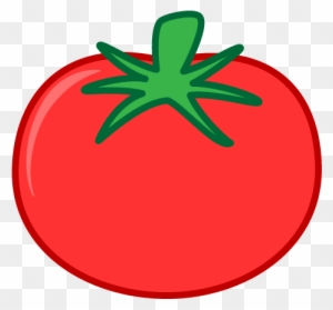 Bright red cartoon tomato with green leafy stem on transparent background.